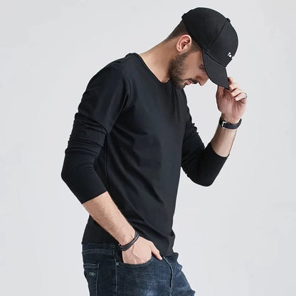 Large Size Solid Color Tops Men Long Sleeves Cotton T-shirt