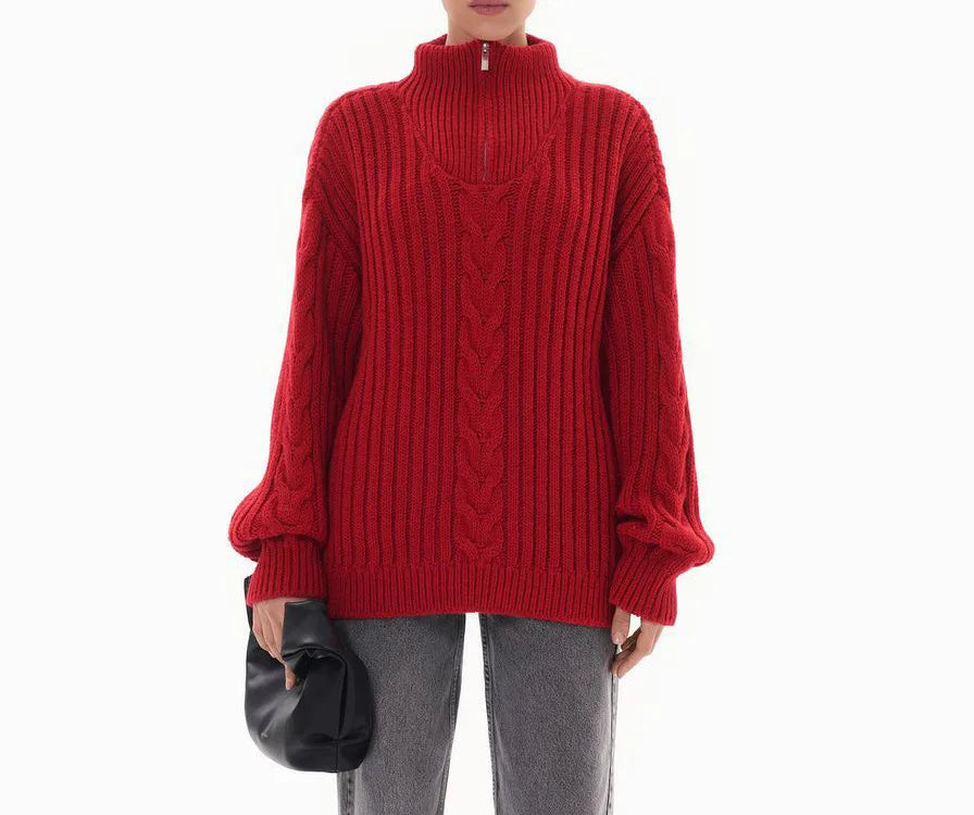 Red Sweater Women Zipper Jacquard Turtleneck Casual Jumper