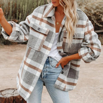 Fall Winter Women's Flannel Plaid Shacket Jacket with Pockets