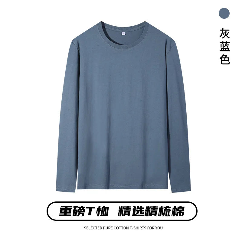 100% Cotton Men's Long-sleeved T-shirt O-neck Solid Color Casual Tops