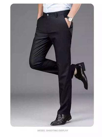 Male Pants Stretch Solid Black Smart Casual Trousers