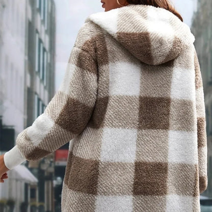 Women Autumn Winter Double Fleece Plaid Cardigan Soft Loose Long Sleeve Plush Warm Hooded Jacket