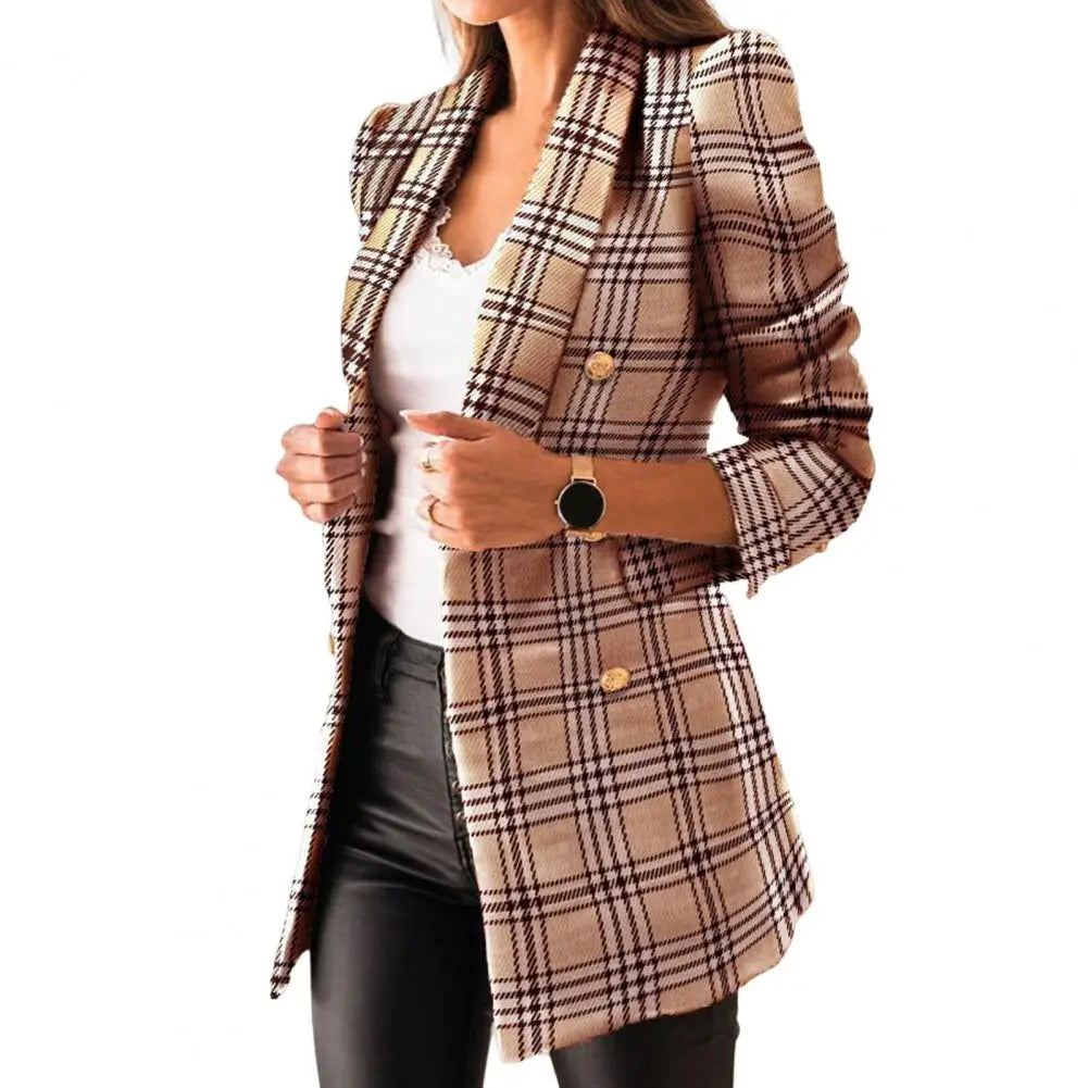 Chic Women Autumn Blazer Formal Winter Coat Thermal Plaid