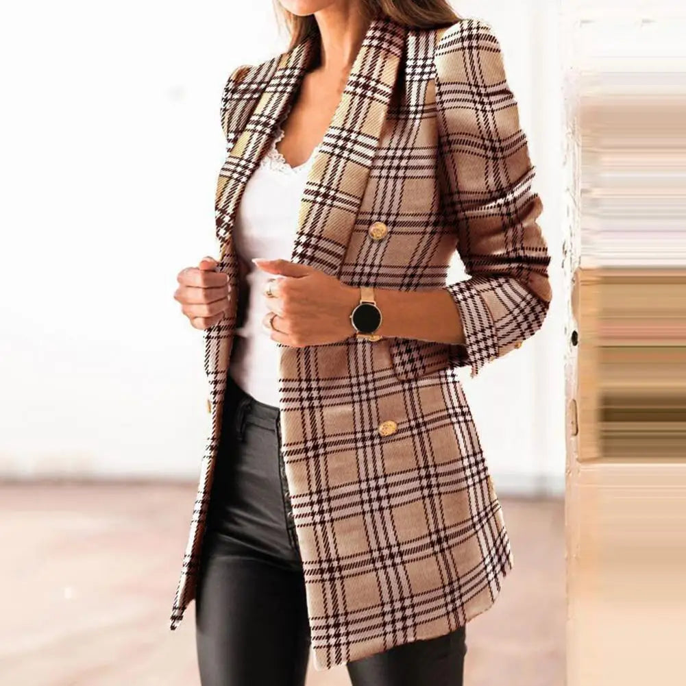 Chic Women Autumn Blazer Formal Winter Coat Thermal Plaid