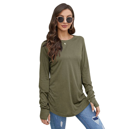 Women's T-Shirt Solid Round Neck Loose Long Sleeve Top