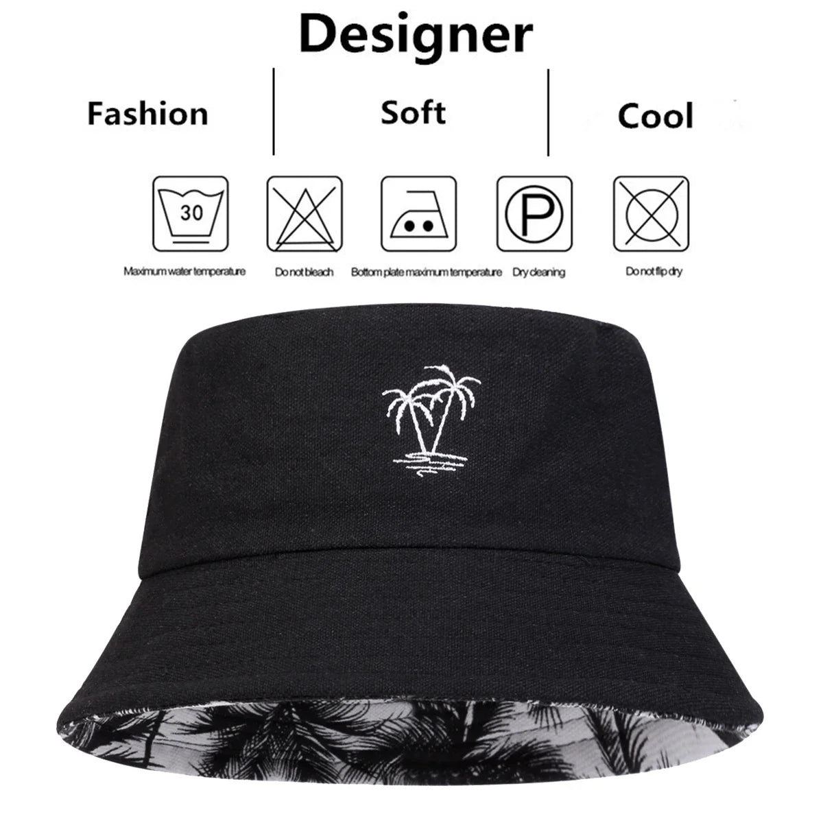 Unisex Coconut Tree Embroidery Reversible Bucket Hat