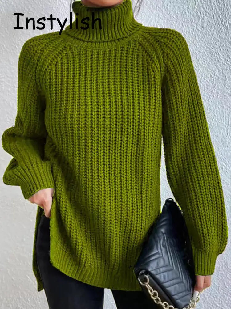 Women Winter Turtleneck Loose Sweater Elegant Drop Sleeve Tops