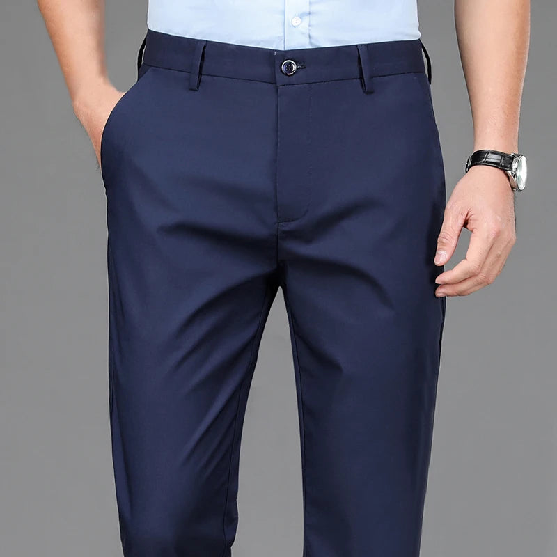 Male Pants Stretch Solid Black Smart Casual Trousers