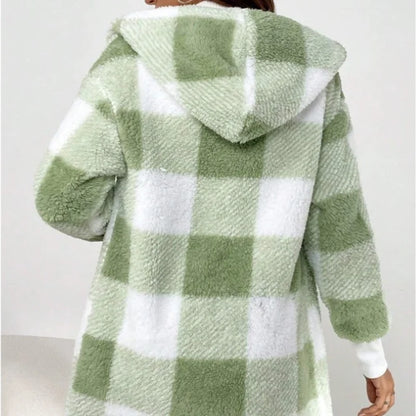 Women Autumn Winter Double Fleece Plaid Cardigan Soft Loose Long Sleeve Plush Warm Hooded Jacket