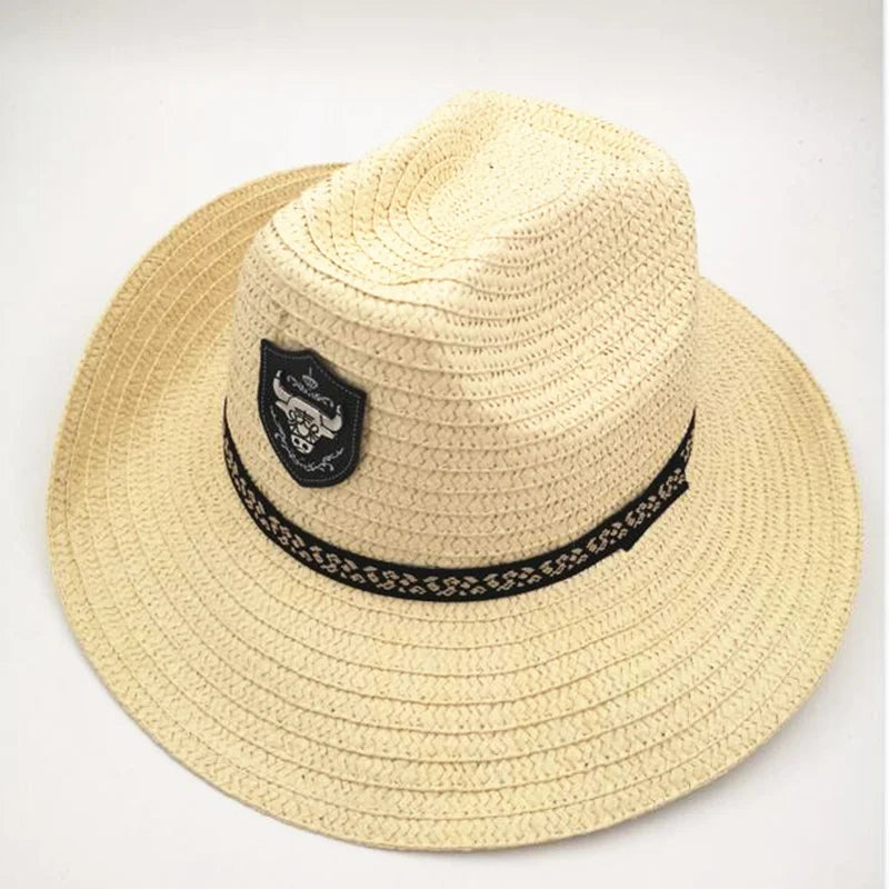 Summer Men Bull Badge Cowboy Straw Sunhat With Rope Fedora