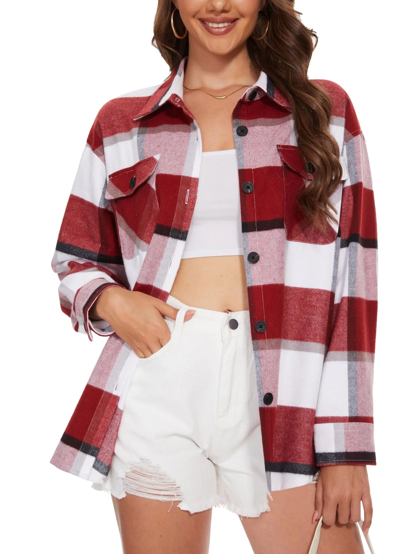 Women's Flannel Plaid Casual Button Down Blouse