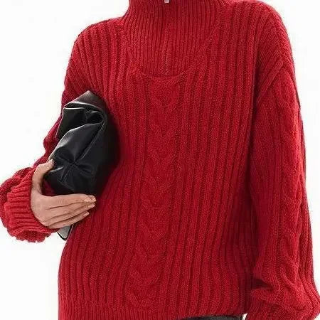 Red Sweater Women Zipper Jacquard Turtleneck Casual Jumper