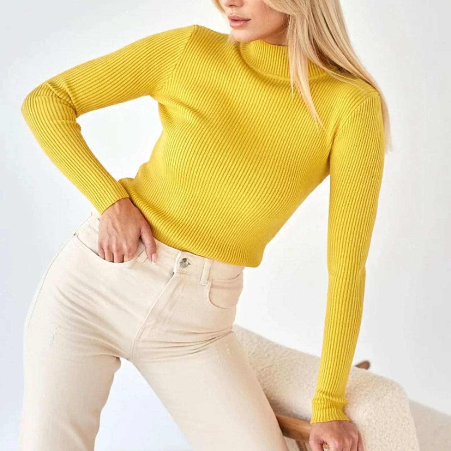 Women's Sweater Half High Neck Solid Slim Fit Pullover