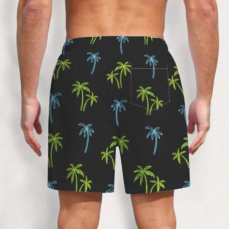 Black Palm Printed Men's Beach Shorts Quick Dry Sportswear