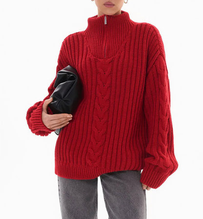 Red Sweater Women Zipper Jacquard Turtleneck Casual Jumper