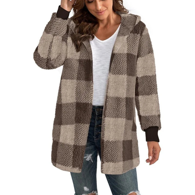 Women Autumn Winter Double Fleece Plaid Cardigan Soft Loose Long Sleeve Plush Warm Hooded Jacket