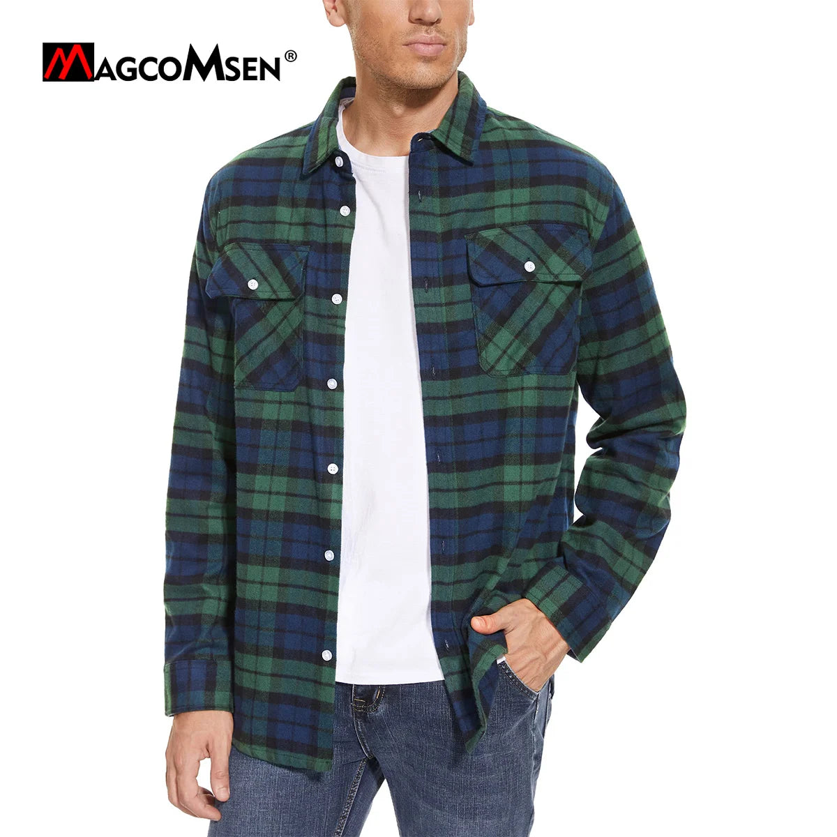 MAGCOMSEN Men's Plaid Flannel Shirts Long Sleeves Casual Cotton