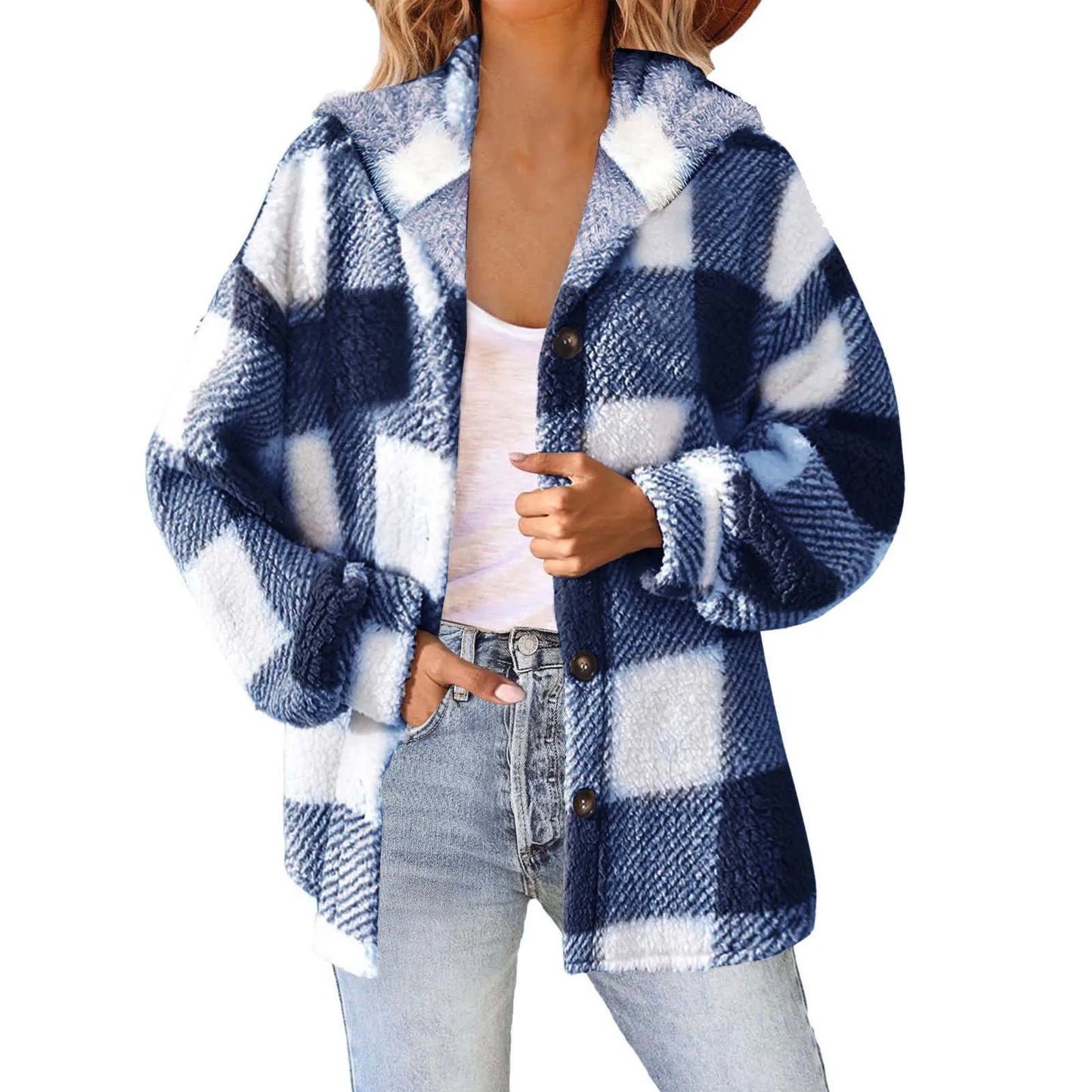 Plaid Print Women Hooded Plush Jacket Winter Cozy Coat