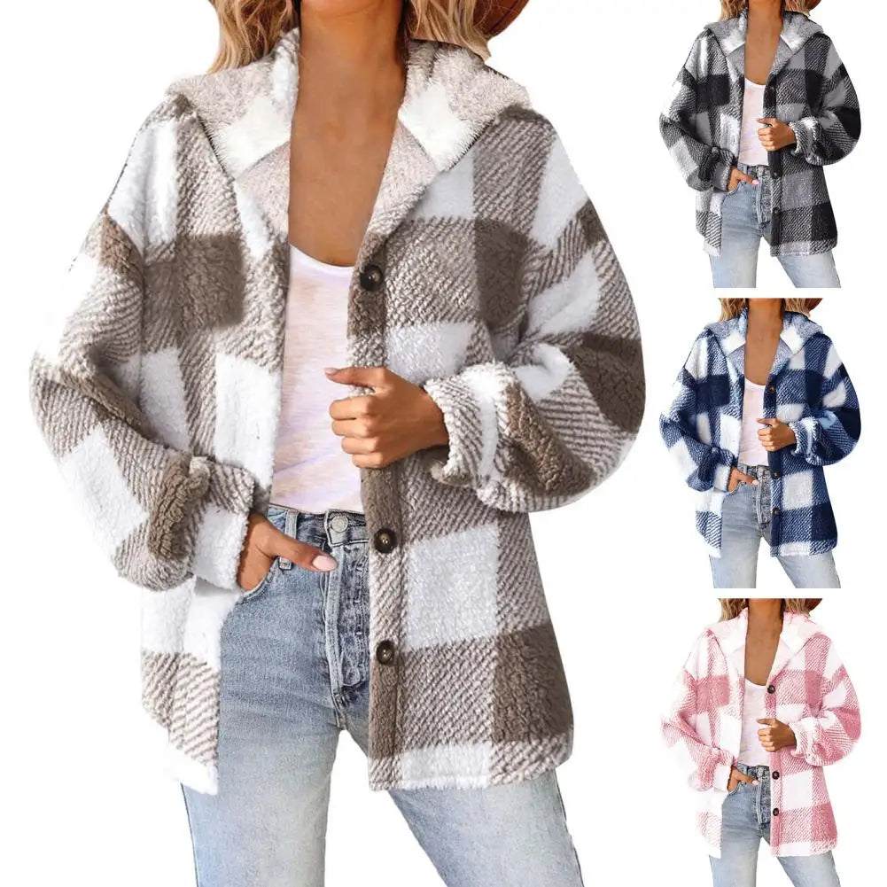 Winter Lady Coat Contrast Color Plush Lined Flannel Jacket