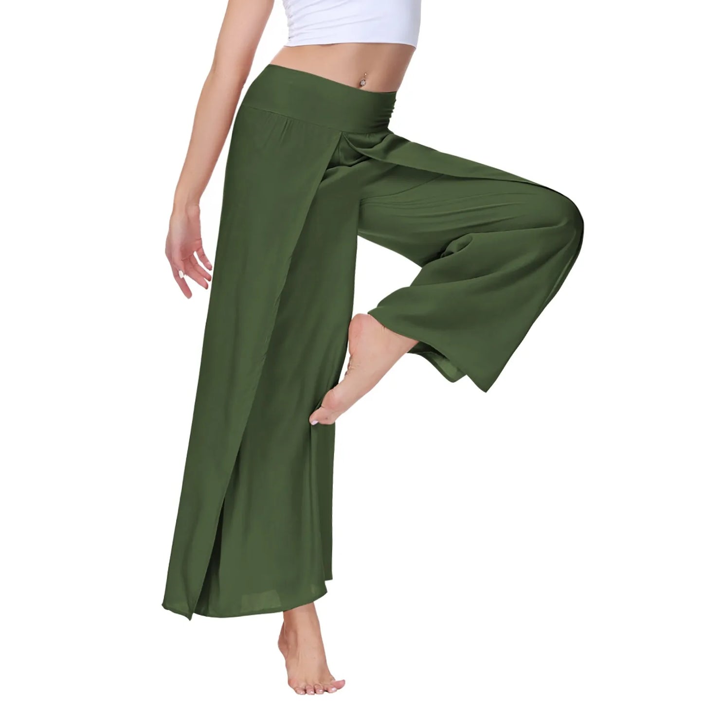 Women High Waisted Elastic Pleated Flare Palazzo Pants