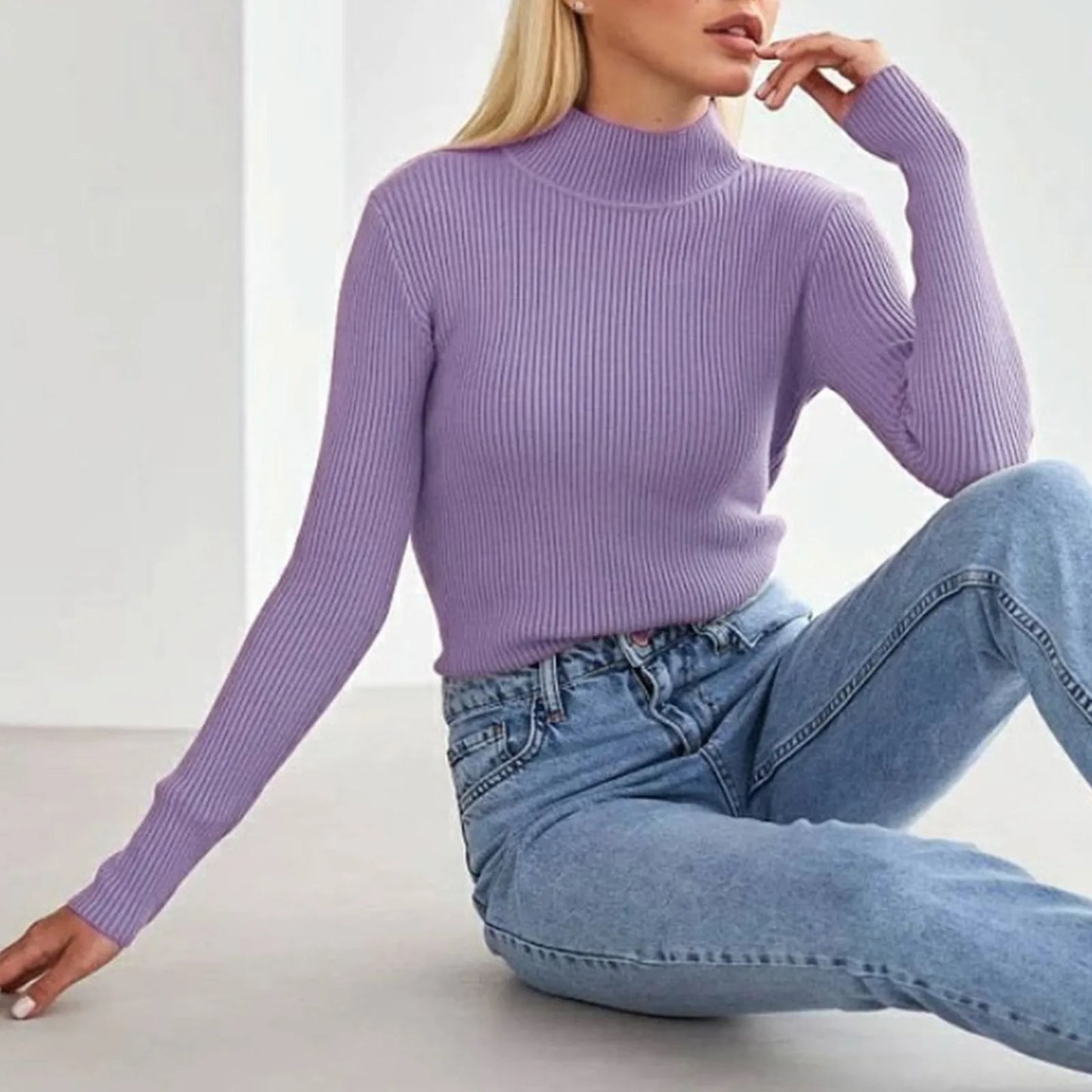 Women's Sweater Half High Neck Solid Slim Fit Pullover