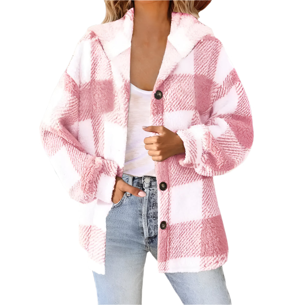 Winter Lady Coat Contrast Color Plush Lined Flannel Jacket