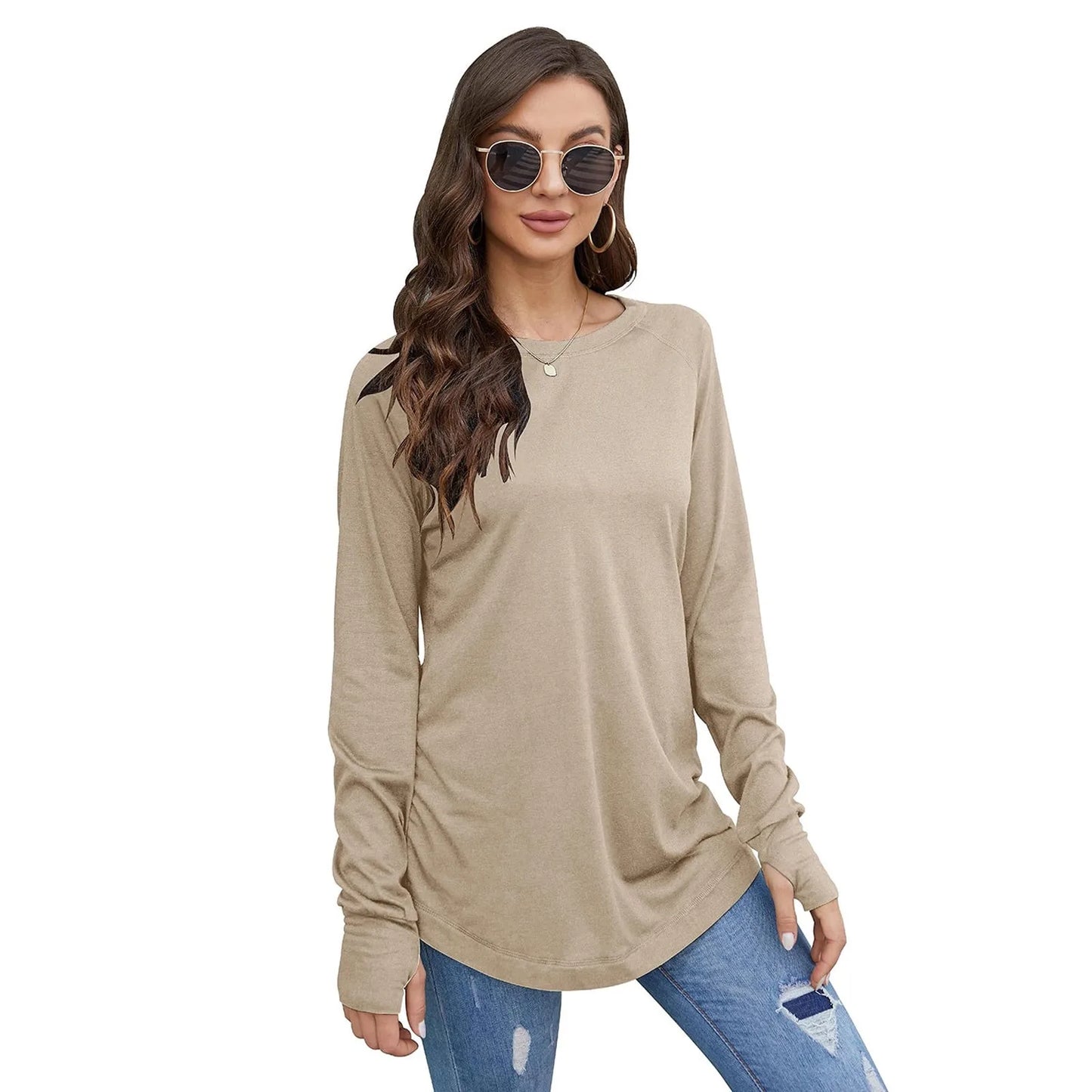 Women's T-Shirt Solid Round Neck Loose Long Sleeve Top