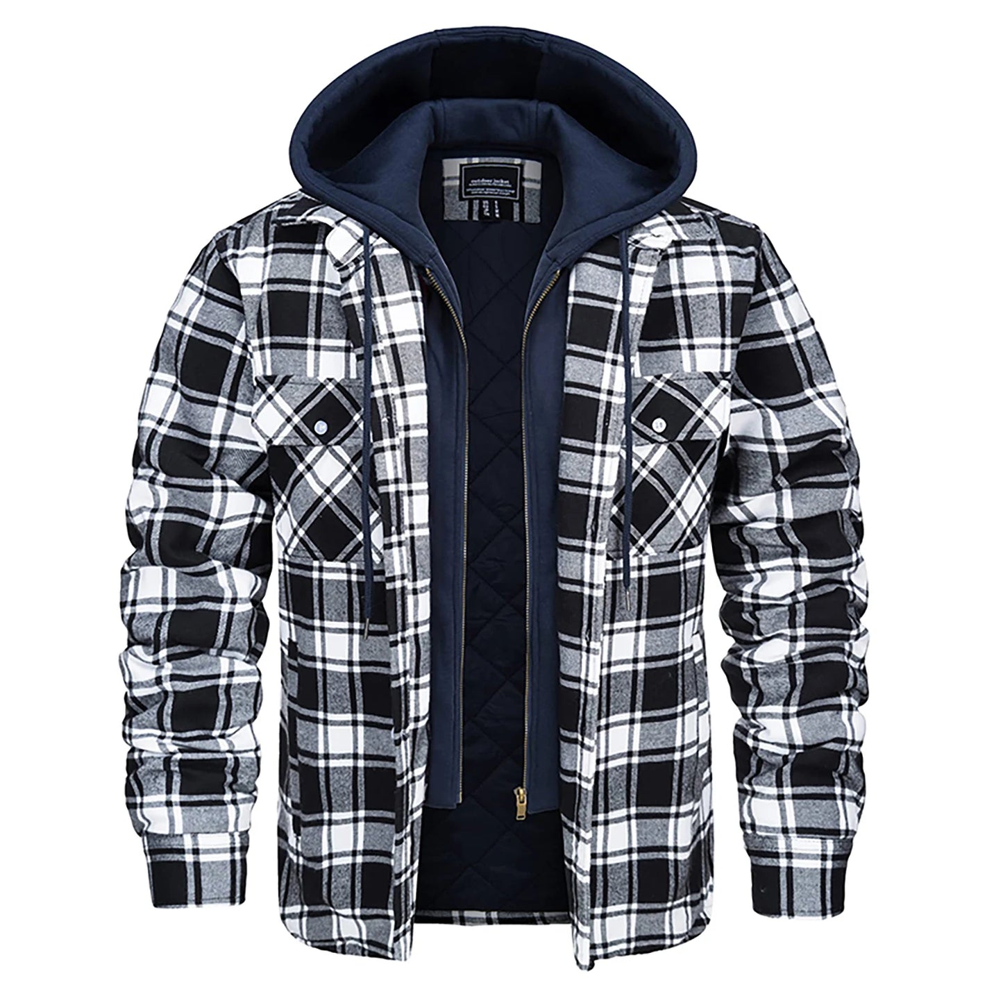 Plaid Flannel Shirt Jacket Mens Quilted Hooded Coats