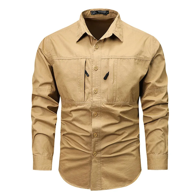 Retro Workwear Men's Long Sleeved Shirt Pocket Design