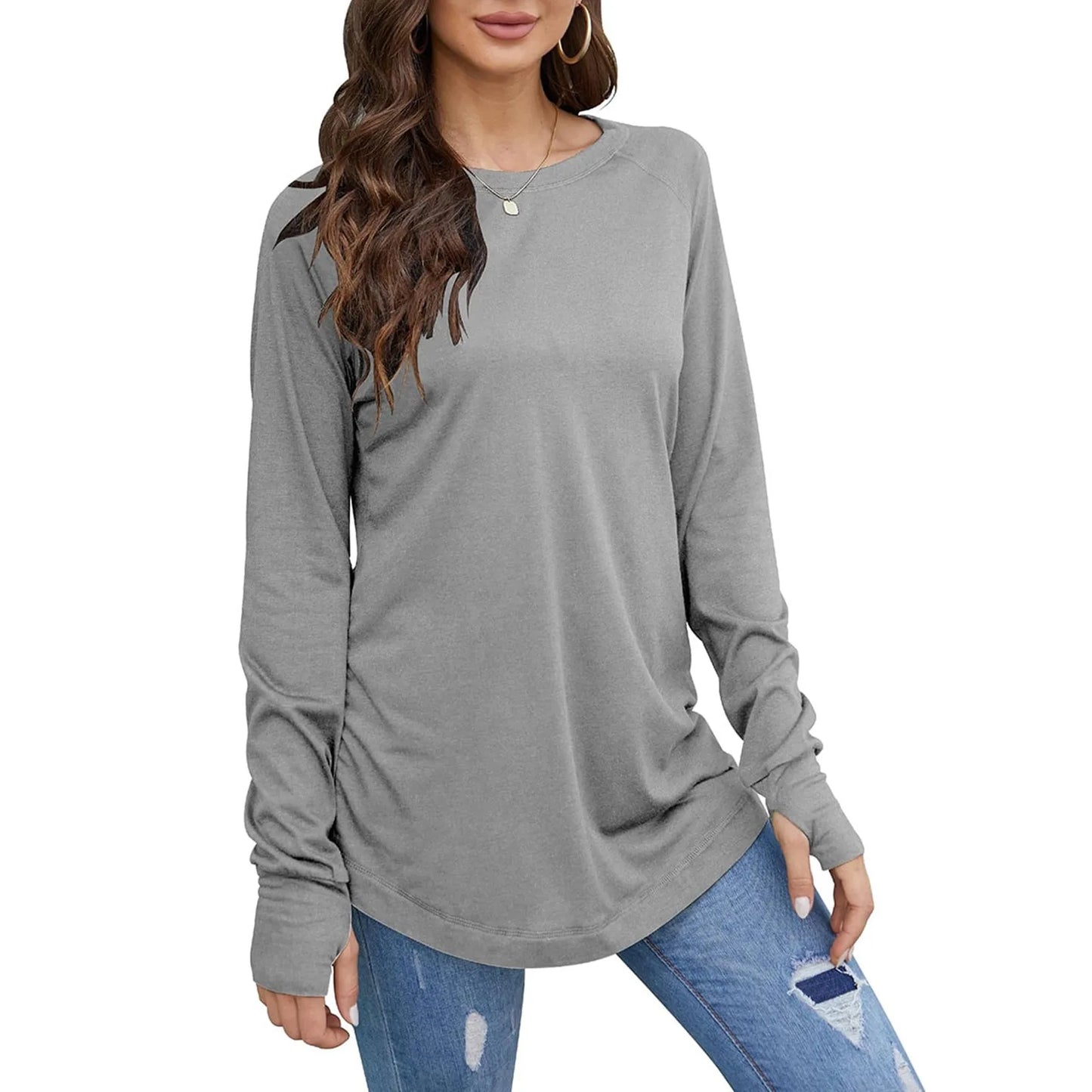 Women's T-Shirt Solid Round Neck Loose Long Sleeve Top