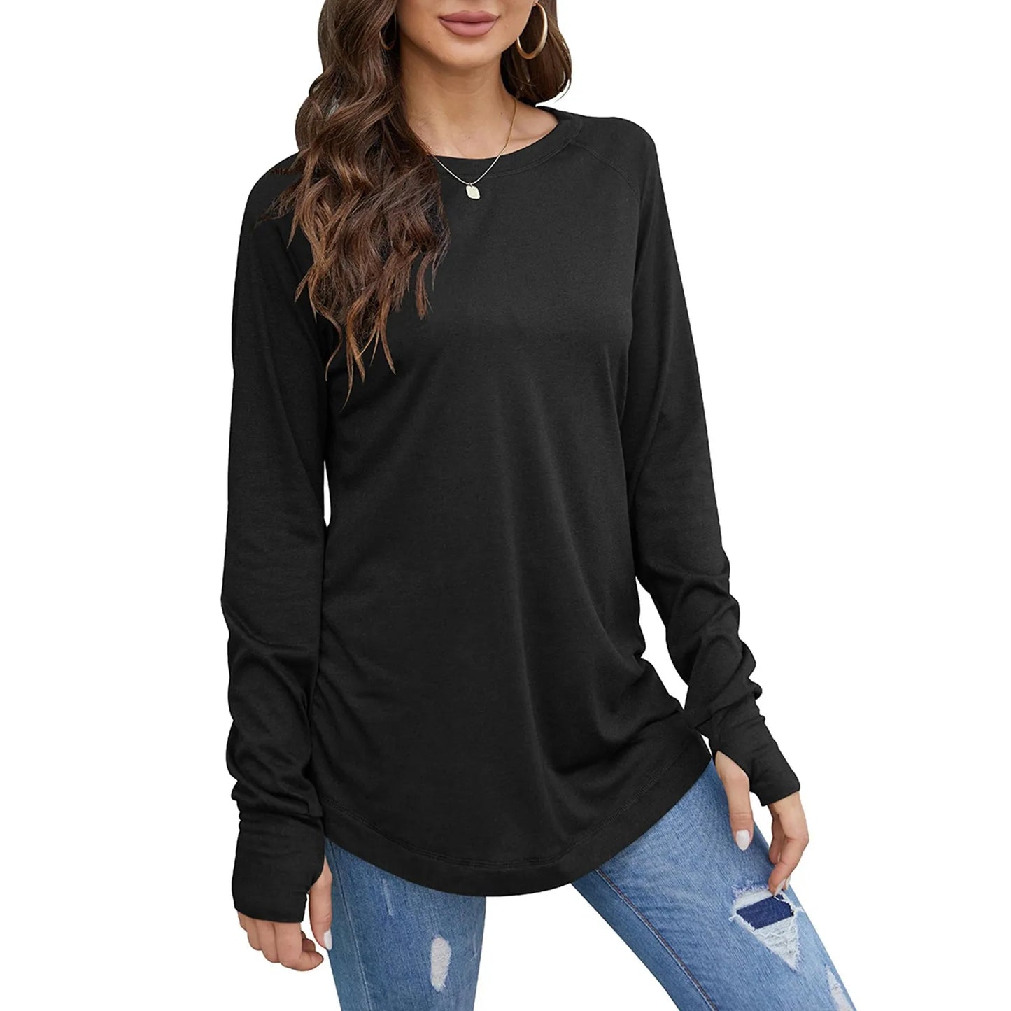 Women's T-Shirt Solid Round Neck Loose Long Sleeve Top