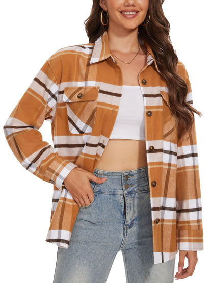 Women's Flannel Plaid Casual Button Down Blouse