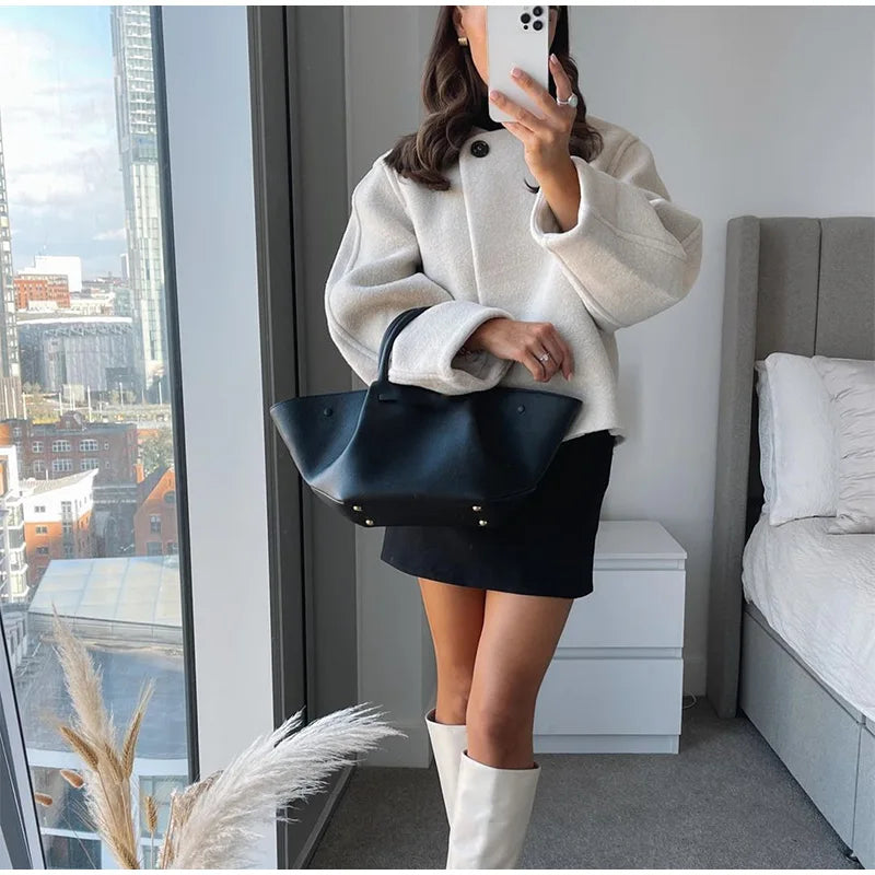 Elegant Solid Round Neck Loose Short Coat Women's Fashion