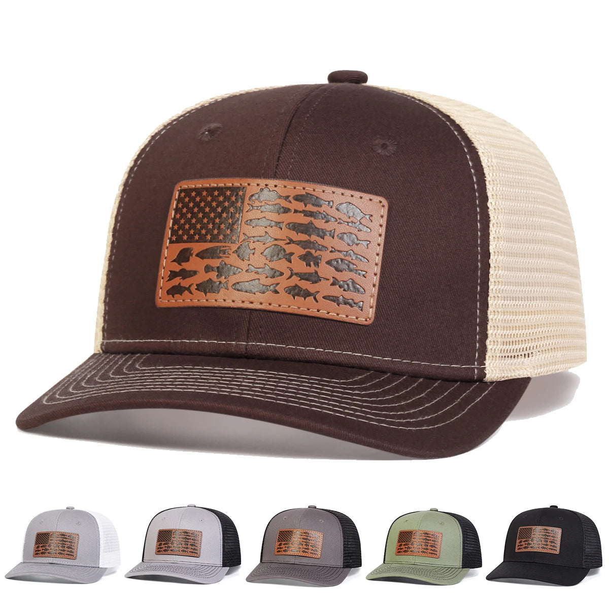 Unisex Brown Little Fish Flag Leather Label Baseball Cap