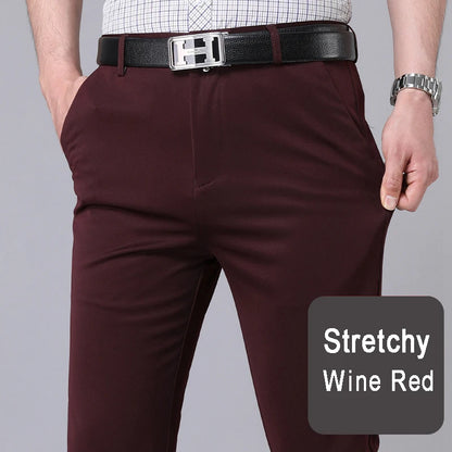 Male Pants Stretch Solid Black Smart Casual Trousers