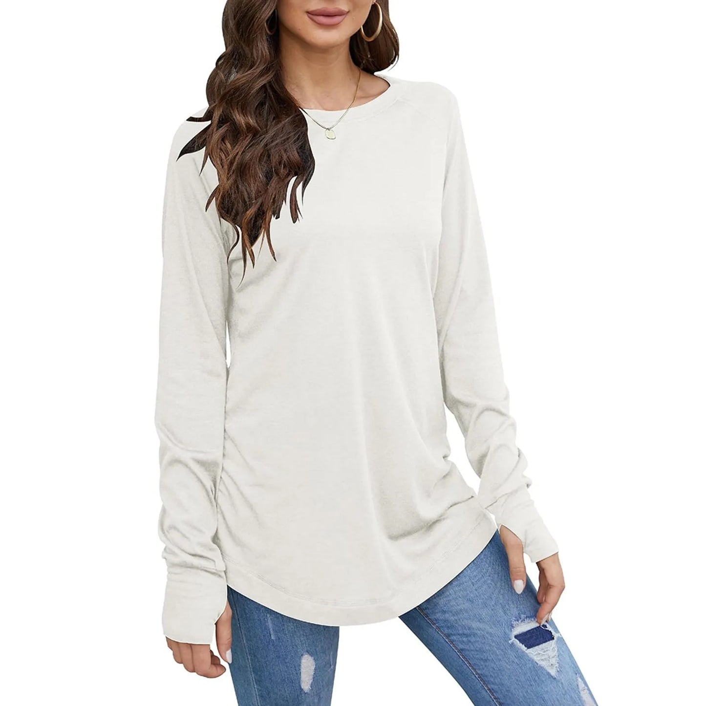 Women's T-Shirt Solid Round Neck Loose Long Sleeve Top