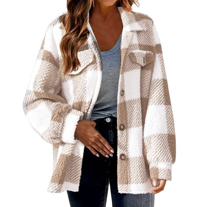 Winter Lady Coat Contrast Color Plush Lined Flannel Jacket