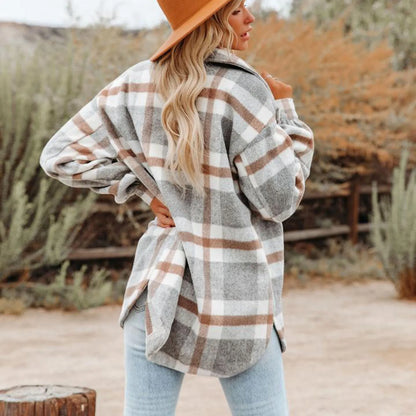 Fall Winter Women's Flannel Plaid Shacket Jacket with Pockets