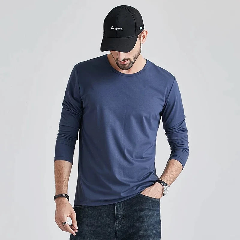 Large Size Solid Color Tops Men Long Sleeves Cotton T-shirt