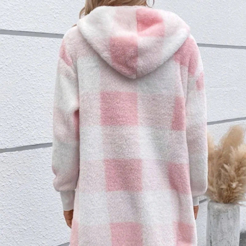 Women Autumn Winter Double Fleece Plaid Cardigan Soft Loose Long Sleeve Plush Warm Hooded Jacket