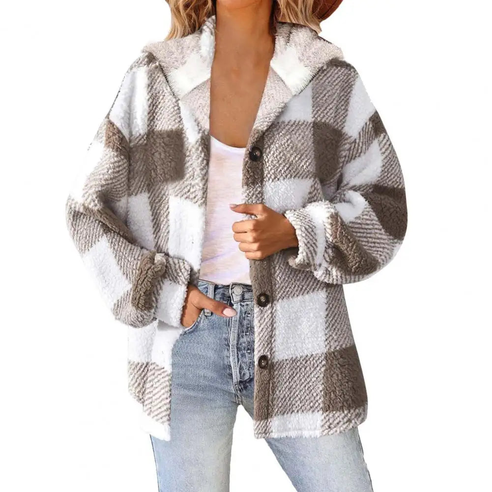 Winter Lady Coat Contrast Color Plush Lined Flannel Jacket