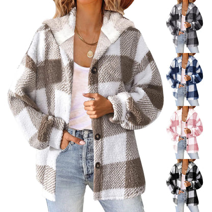 Plaid Print Women Hooded Plush Jacket Winter Cozy Coat