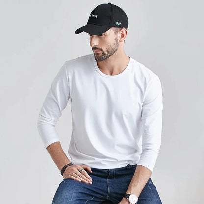 Large Size Solid Color Tops Men Long Sleeves Cotton T-shirt