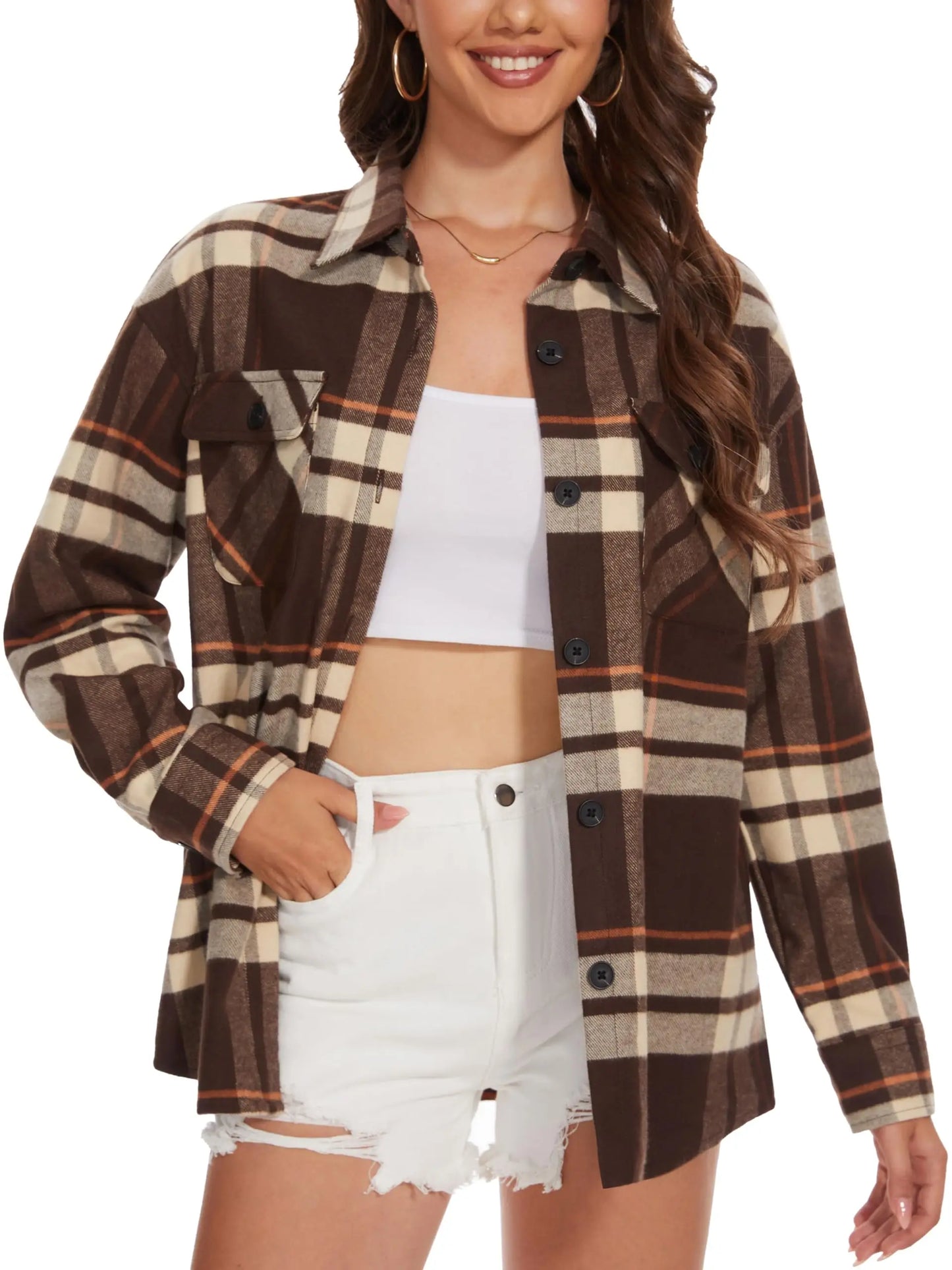 Women's Flannel Plaid Casual Button Down Blouse