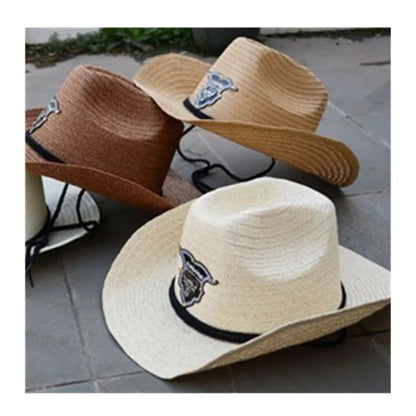 Summer Men Bull Badge Cowboy Straw Sunhat With Rope Fedora