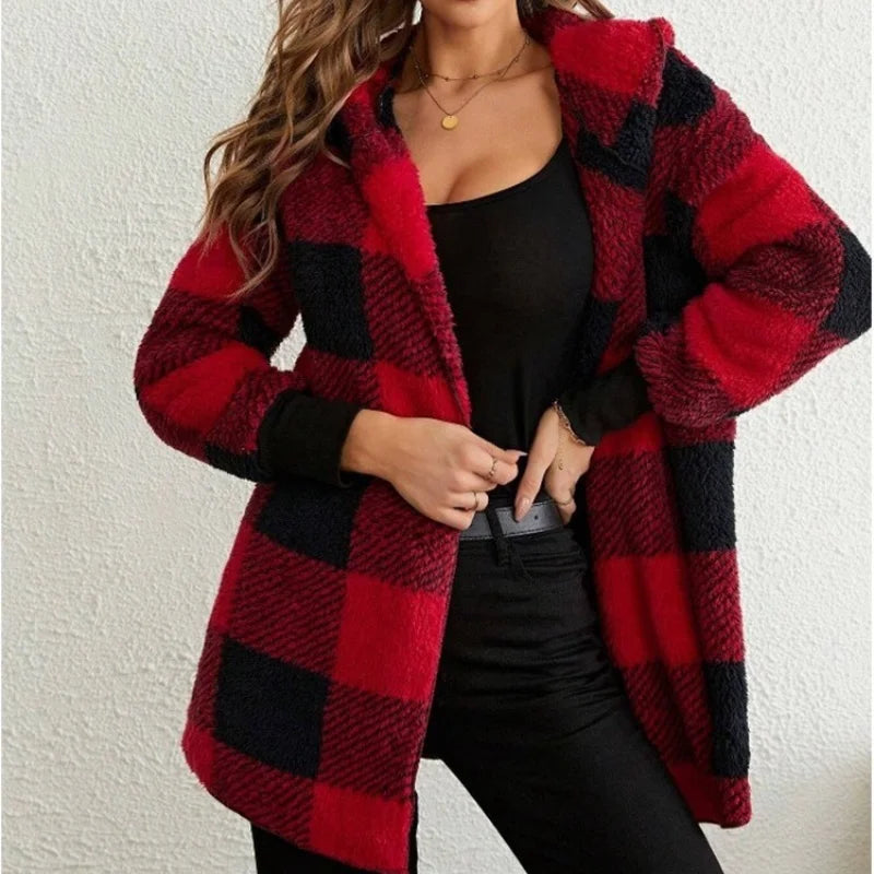 Women Autumn Winter Double Fleece Plaid Cardigan Soft Loose Long Sleeve Plush Warm Hooded Jacket