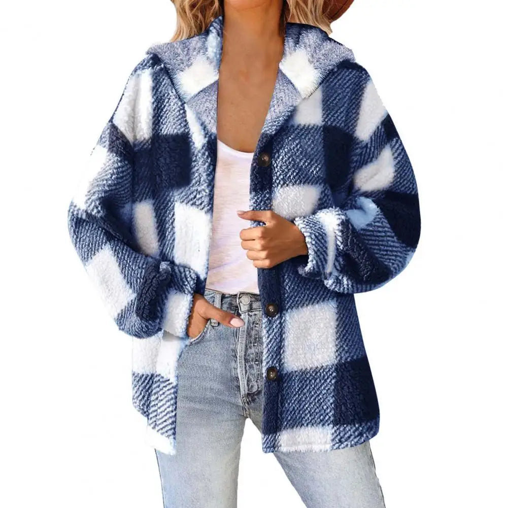 Winter Lady Coat Contrast Color Plush Lined Flannel Jacket