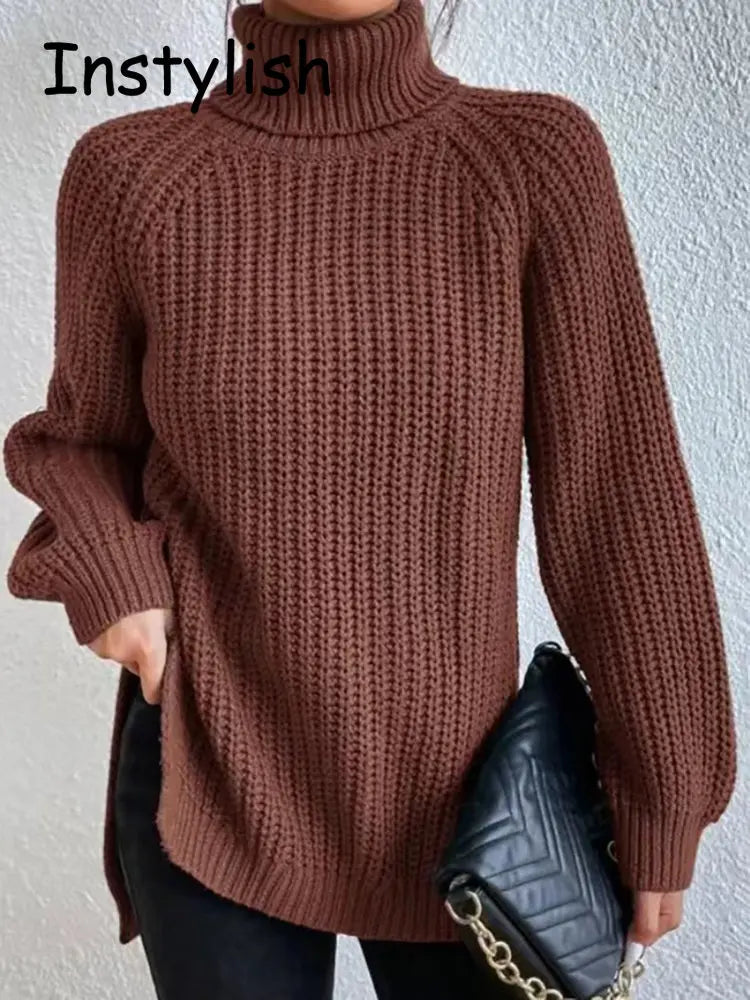 Women Winter Turtleneck Loose Sweater Elegant Drop Sleeve Tops