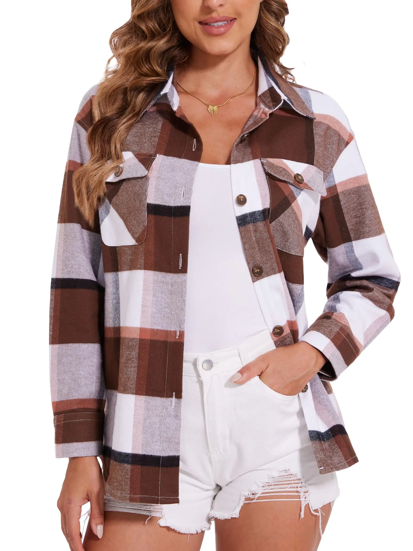 Women's Flannel Plaid Casual Button Down Blouse