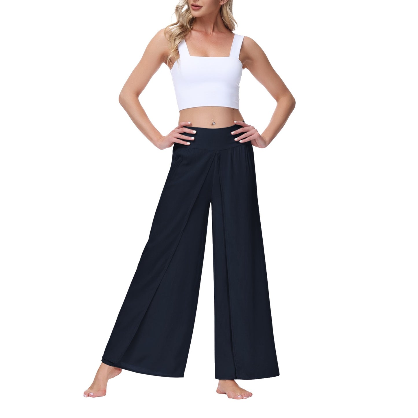 Women High Waisted Elastic Pleated Flare Palazzo Pants